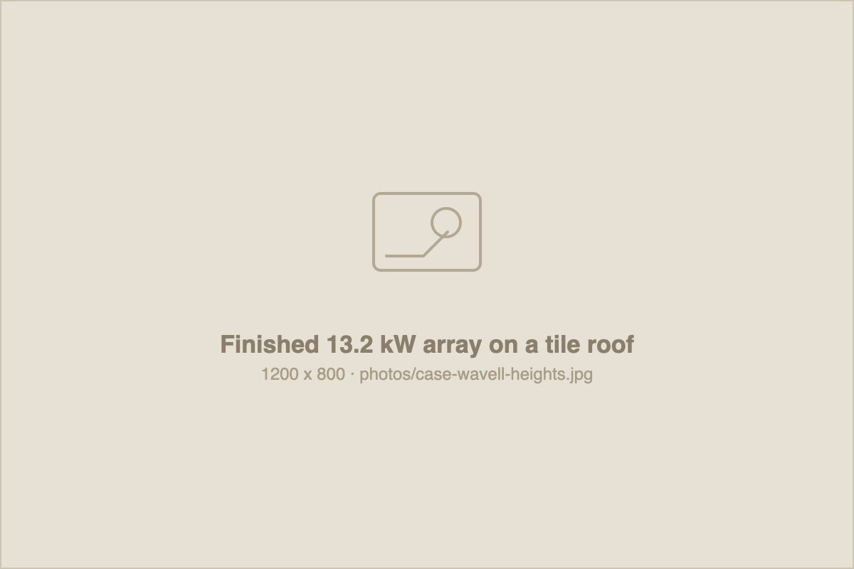 A completed 13.2 kW solar array across two pitches of a tile roof in Wavell Heights.